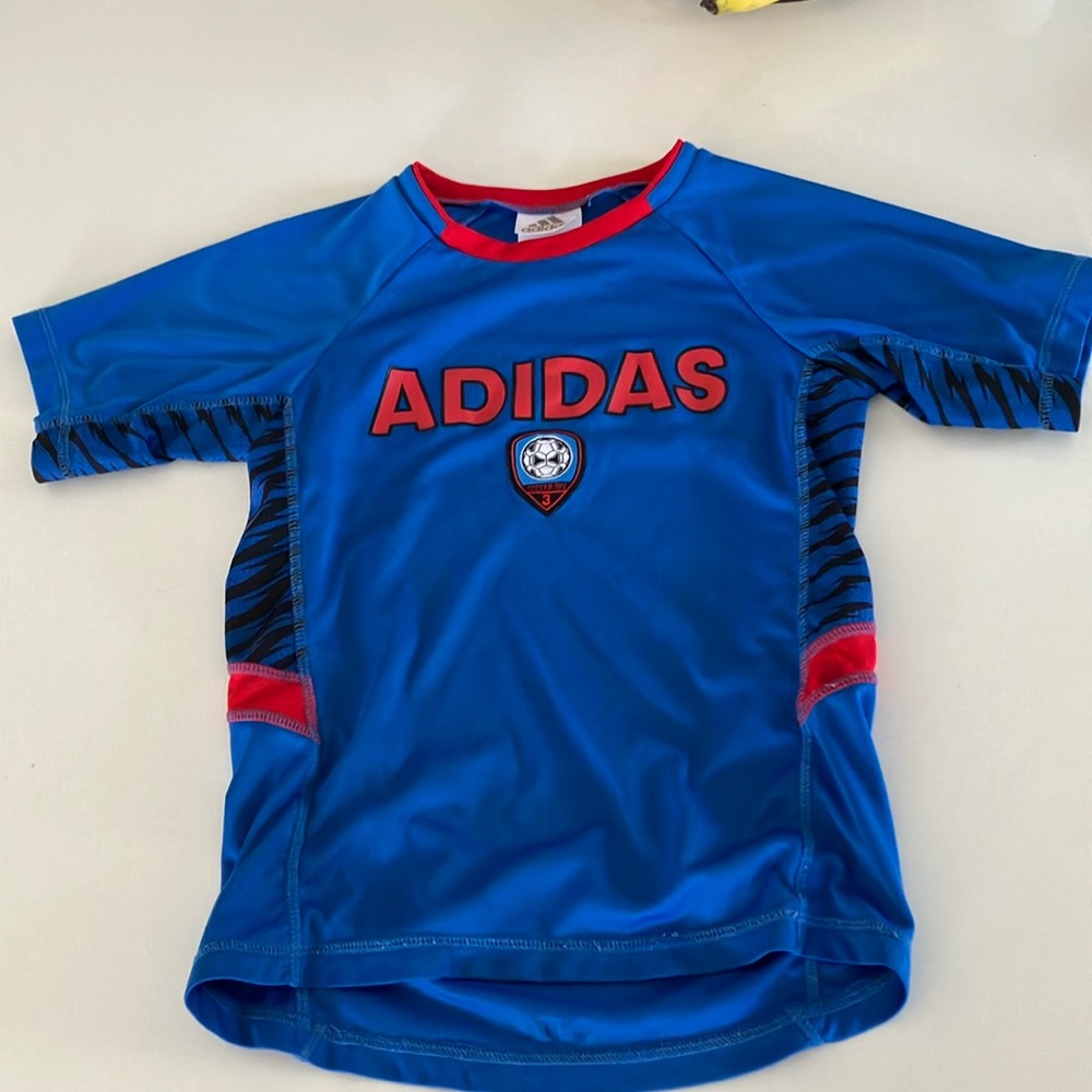 Adidas jersey, athletic shirt, blue,red and black, size 6 kids